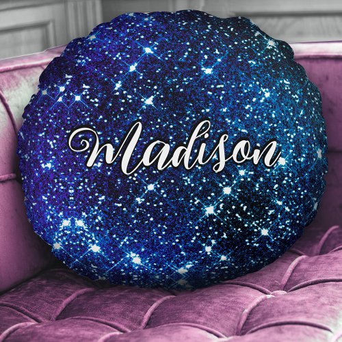 Whimsical iridescent blue Glitter monogram Round Pillow