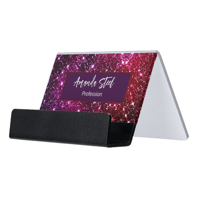 Whimsical iridescent pink Glitter monogram Desk Business Card Holder (Angled Front)