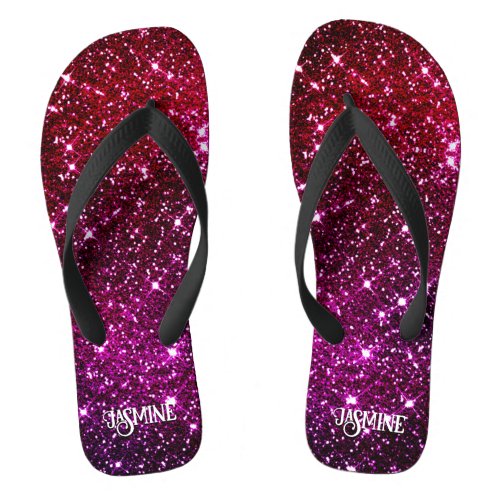 Whimsical iridescent pink Glitter monogram Flip Flops