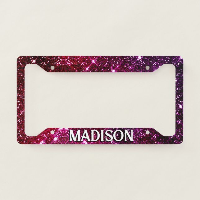 Whimsical iridescent pink Glitter monogram License Plate Frame (Front)