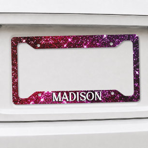 Whimsical iridescent pink Glitter monogram License Plate Frame