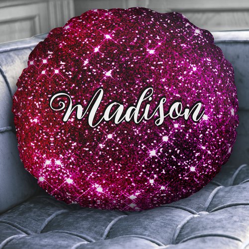 Whimsical iridescent pink Glitter monogram Round Pillow