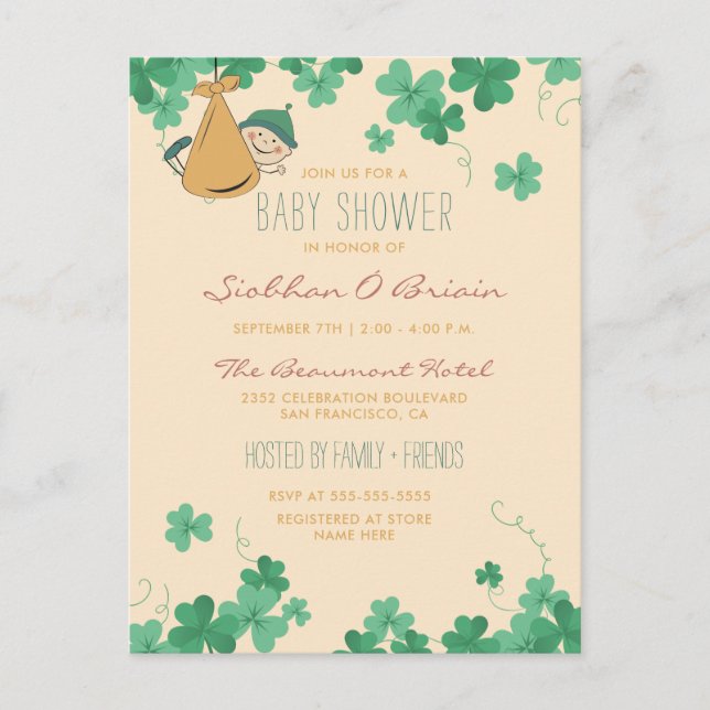 Whimsical Irish Themed Shamrock Baby Shower Invitation Postcard (Front)