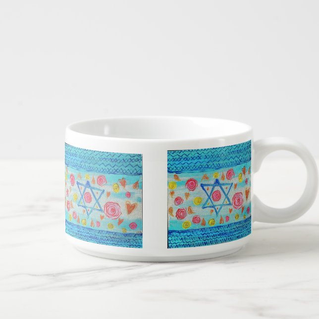 Whimsical Israeli flag bowl with flowers & hearts (Left)