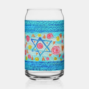 Whimsical Israeli flag glass with flowers & hearts