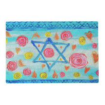 Whimsical Israeli flag mat with flowers & hearts