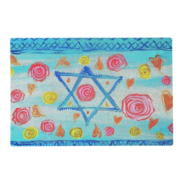 Whimsical Israeli flag mat with flowers & hearts (Front)