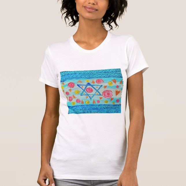 Whimsical Israeli flag shirt with flowers & hearts (Front)