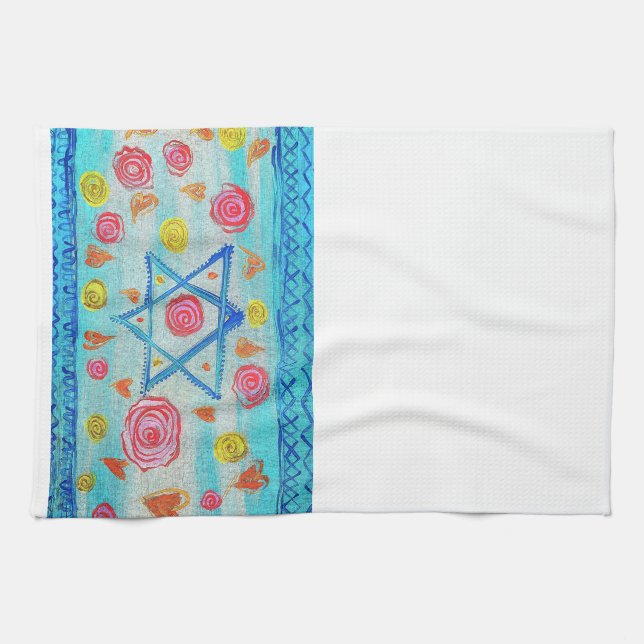 Whimsical Israeli flag towel with flowers & hearts (Horizontal)