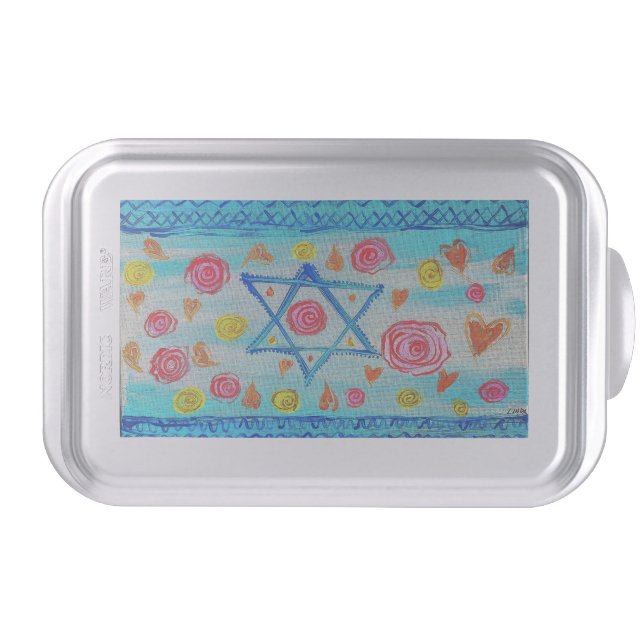 Whimsical Israeli flag with flowers & hearts Cake Pan (Front)