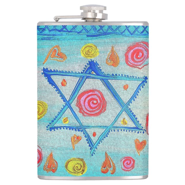Whimsical Israeli flag with flowers & hearts Flask (Front)