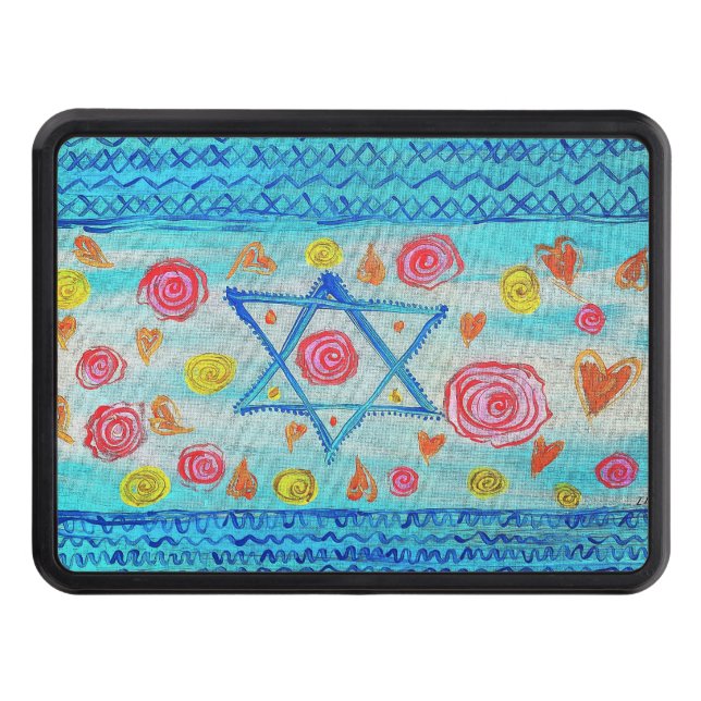Whimsical Israeli flag with flowers & hearts Hitch Cover (Front)