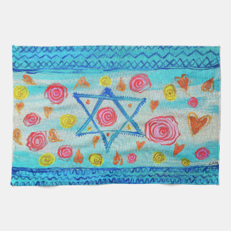 Whimsical Israeli flag with flowers & hearts Kitchen Towel