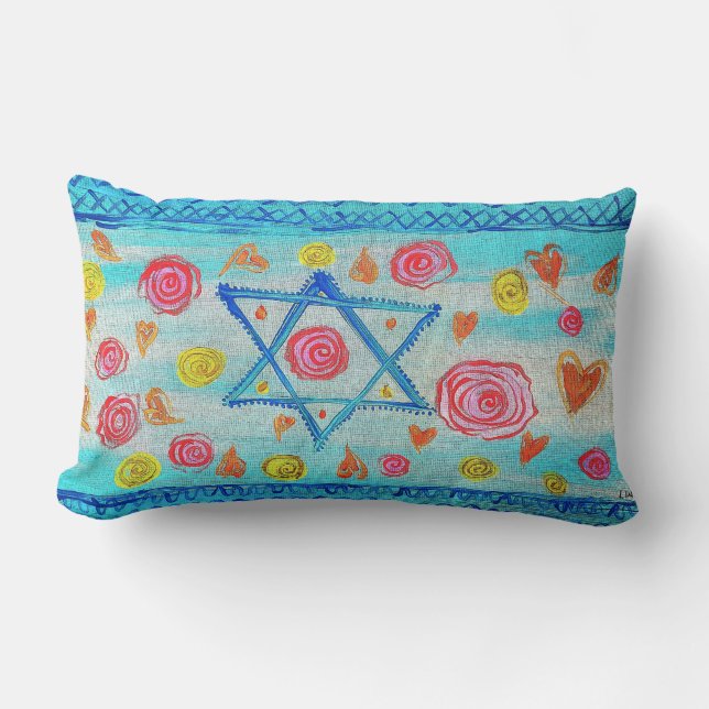 Whimsical Israeli flag with flowers & hearts Lumbar Pillow (Front)