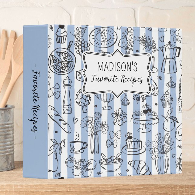 Whimsical Italian Food Illustration Blue Recipe 3 Ring Binder (In situ)