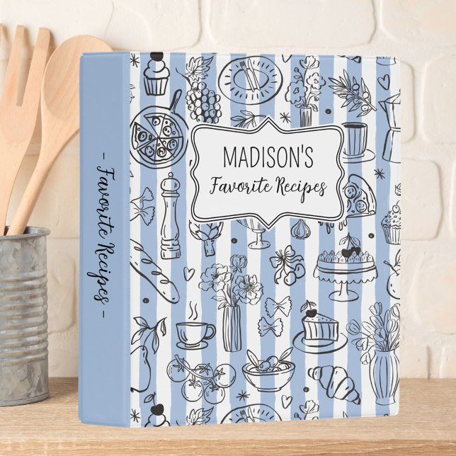 Whimsical Italian Food Illustration Blue Recipe Mini Binder (In situ)
