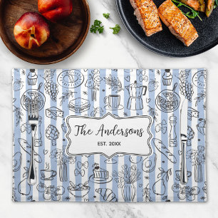 Whimsical Italian Food Illustration Blue Stripes Cloth Placemat