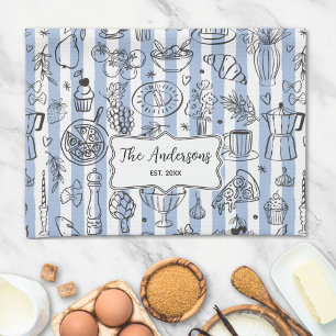 Whimsical Italian Food Illustration Blue Stripes Kitchen Towel