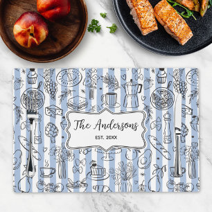Whimsical Italian Food Illustration Blue Stripes Placemat