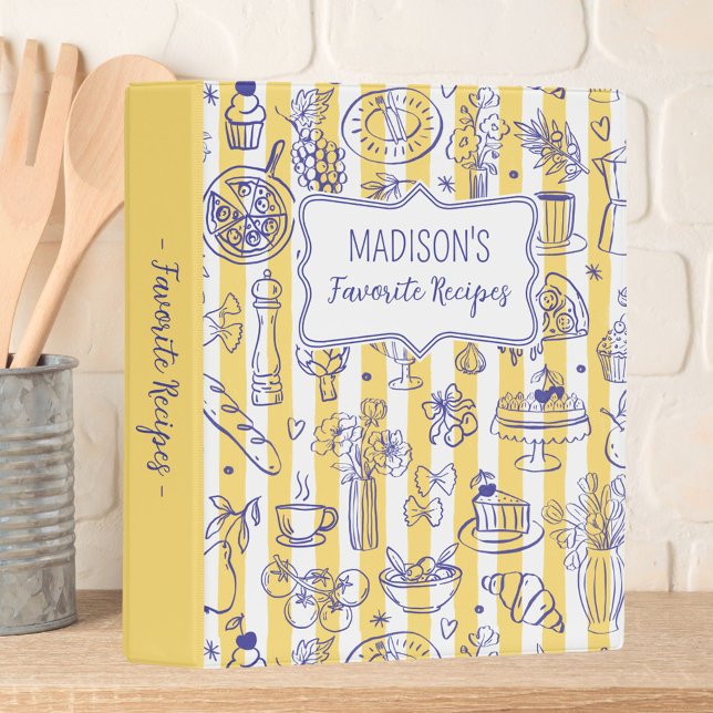 Whimsical Italian Food Illustration Yellow Recipe Mini Binder (In situ)