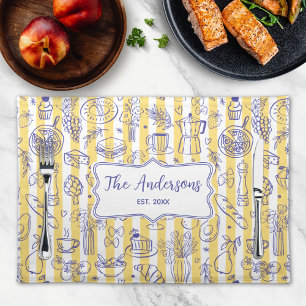 Whimsical Italian Food Illustration Yellow Stripes Cloth Placemat