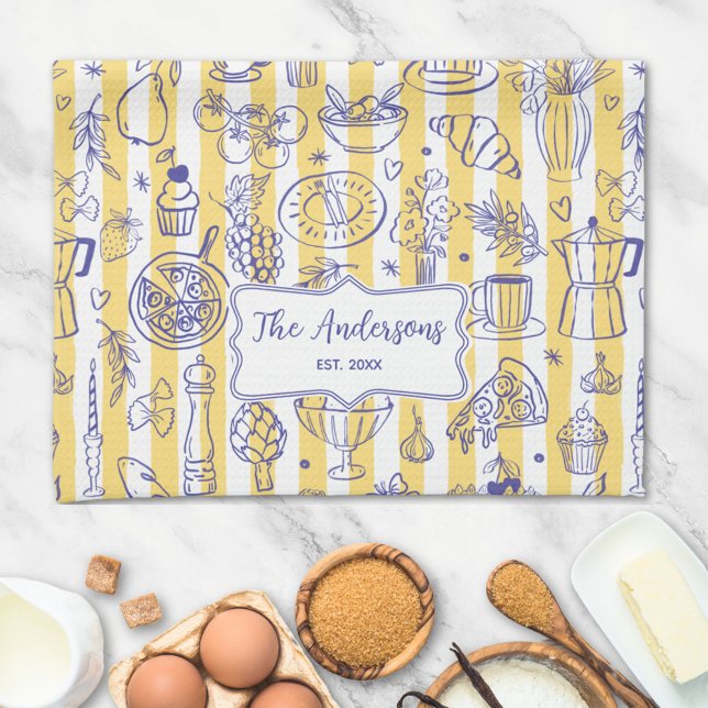 Whimsical Italian Food Illustration Yellow Stripes Kitchen Towel (In situ)