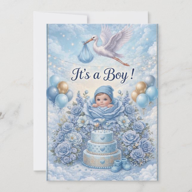 Whimsical It's a Boy Stork Baby Shower  Invitation (Front)