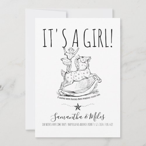 Whimsical Its A Girl Birth Announcement White