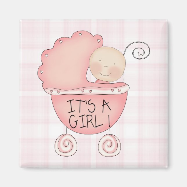 Whimsical It's a Girl! Pink Baby Buggy Magnet (Front)