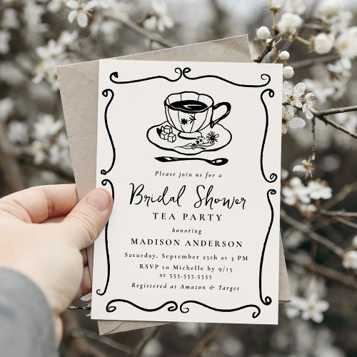 Whimsical Ivory Vintage Bridal Shower Tea Party Invitation
