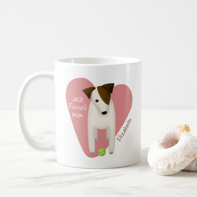 whimsical Jack Russell mom pink heart tennis ball Coffee Mug (With Donut)