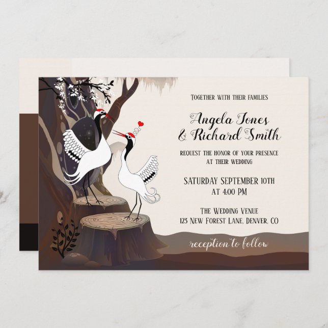 Whimsical Japanese Cranes Wedding Invitation (Front/Back)
