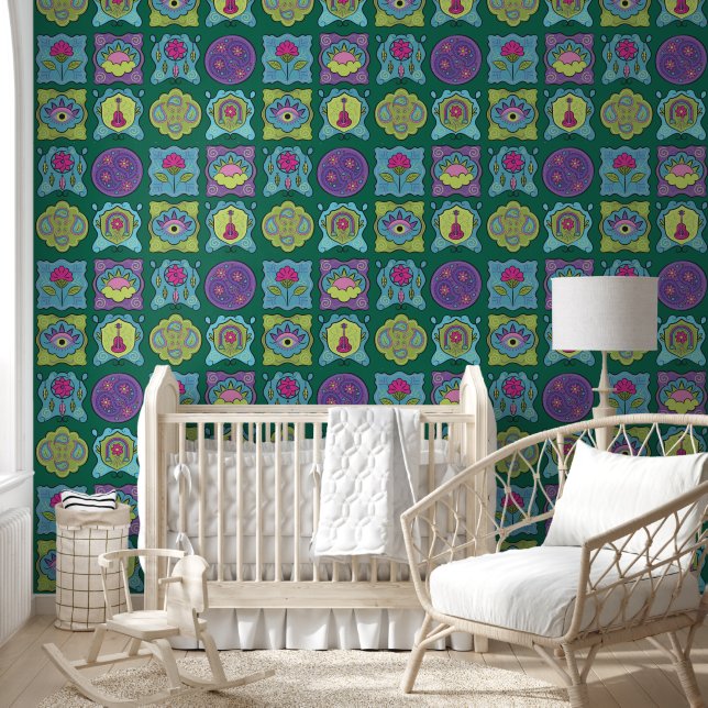 Whimsical Jewel Tones Hand drawn Boho Dark Green Wallpaper (Kids)