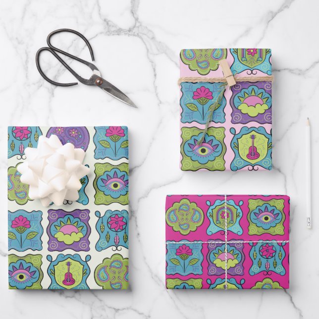Whimsical Jewel Tones Hand drawn Boho Frames Wrapping Paper Sheets (Front)