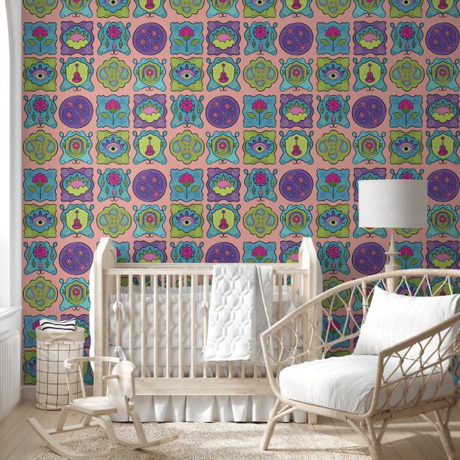 Whimsical Jewel Tones Hand drawn Boho peach Wallpaper (Kids)