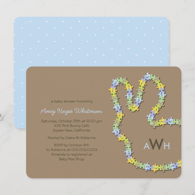 Whimsical Jigsaw Blue Bunny Rabbit Boy Baby Shower Invitation (Front/Back)