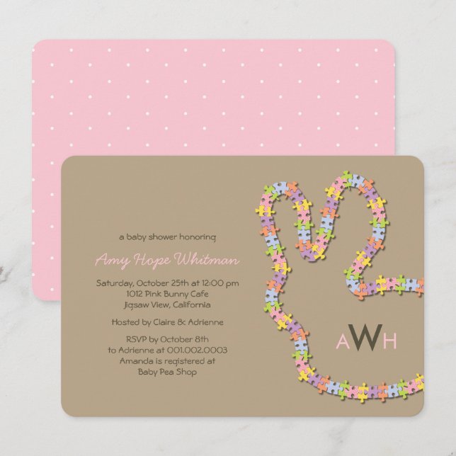 Whimsical Jigsaw Bunny Girl Baby Shower Invite (Front/Back)