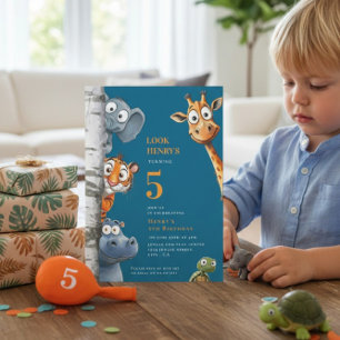 Whimsical Jungle Animals Blue Birthday Invitation