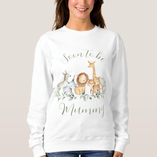 Whimsical Jungle Animals Greenery Soon to be Mummy Sweatshirt (Front)