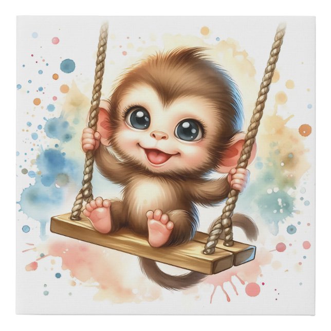 Whimsical Jungle Baby Monkey Nursery Watercolor  Faux Canvas Print (Front)
