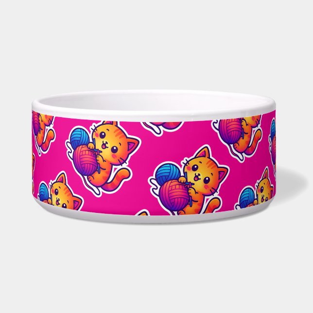 Whimsical Kawaii Cat Knitting Scene with Oversized Bowl (Front)