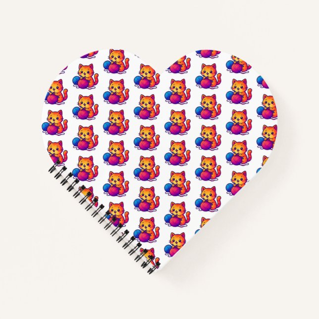 Whimsical Kawaii Cat Knitting Scene with Oversized Notebook (Front)