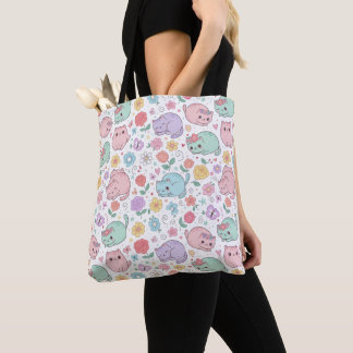 Whimsical Kawaii Pastel Cat and Floral Seamless Tote Bag