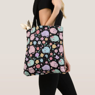 Whimsical Kawaii Pastel Cat and Floral Seamless Tote Bag