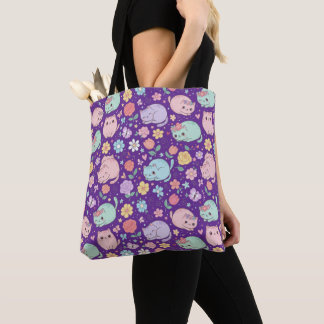 Whimsical Kawaii Pastel Cat and Floral Seamless Tote Bag