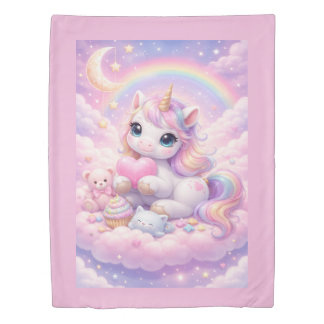 Whimsical Kawaii Pastel Unicorn & Friends On Cloud Duvet Cover