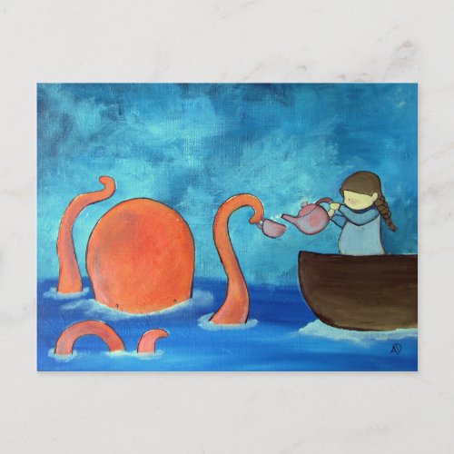 Whimsical Kids Art Girl Octopus Tea Party Cute Postcard