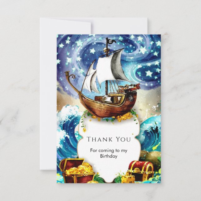 Whimsical Kids' Boat Pirate Birthday Thank You Card (Front)