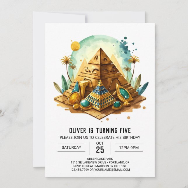Whimsical Kids Gold Pyramids Birthday Invitation (Front)