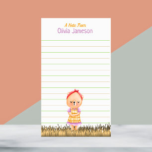 Whimsical Kid's Name Prairie Bear Lined Stationery